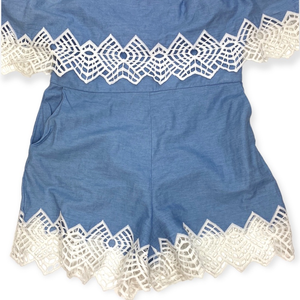 BARDOT Womens Off The Shoulder Lace Embroidered Jumpsuit Romper Blue Size Large - Picture 2 of 8